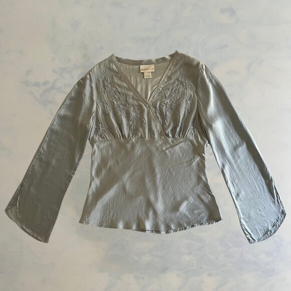 Worthington Metallic Blue Flowy Embroidered Empire Waist Long Sleeve Silk Blouse - Picture 1 of 8